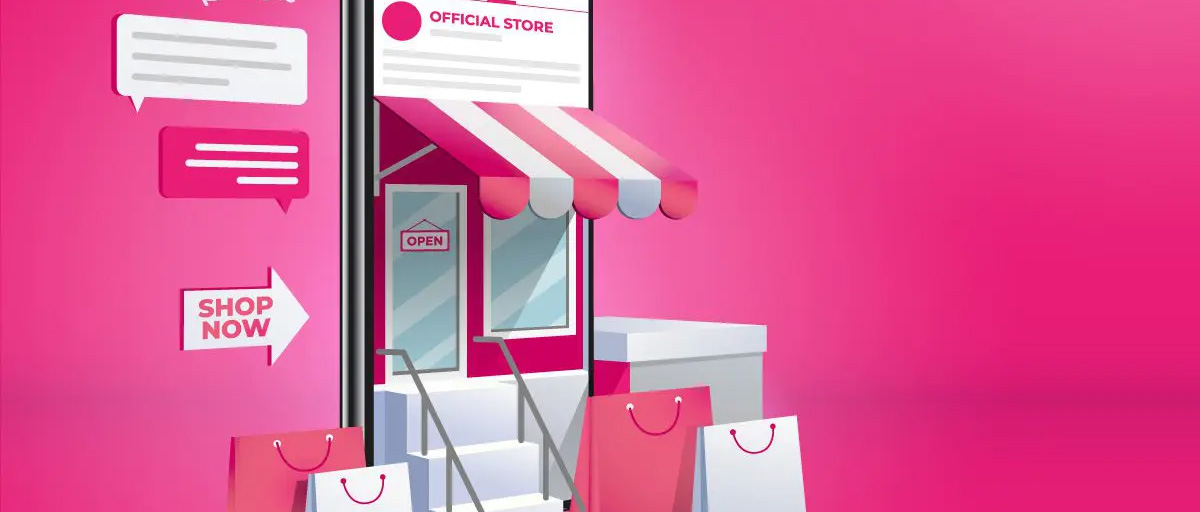 A small store design with shopping bags in front of it