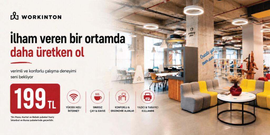 workinton-coworking-banner "İlham veren bir ortamda daha üretken ol" ve "199 TL" mesajı. Arka planda Workinton ofis görseli