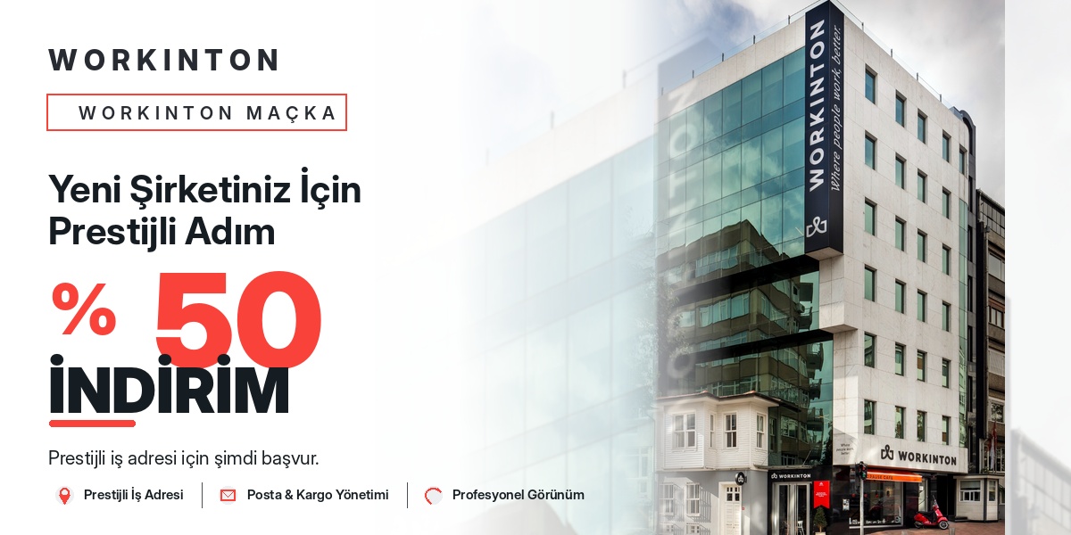 Workinton Maçka şubesi için %50 indirim görseli. "Yeni Şirketiniz İçin Prestijli Adım."